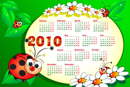2010 Kid calendar with ladybugs, leaves and daisies - Cartoon styleのイラスト素材