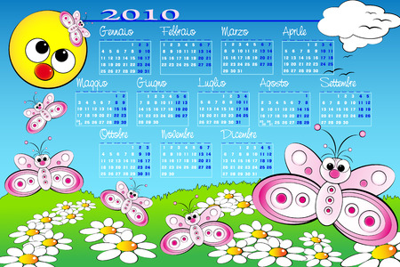 2010 Landscape Kid calendar with butterflies and daisies, Italian languageのイラスト素材