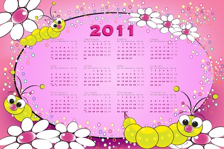2011 calendar with grubs and flowers, kids illustration on pink backgroundのイラスト素材