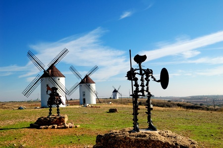 Spain, windmills and Don Quixote statue in Mota del Cuervoの写真素材