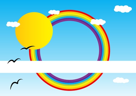 Brochure cover with rainbow, sun, clouds and birdsのイラスト素材
