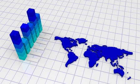 Background with bar chart and world mapの写真素材