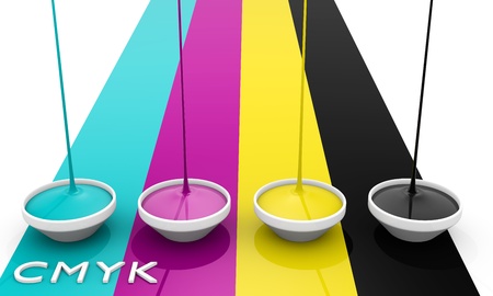 CMYK liquid inks spilling, 3D render imageの写真素材