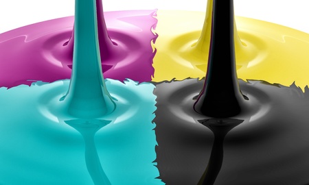 CMYK liquid inks spilling, 3D render imageの写真素材