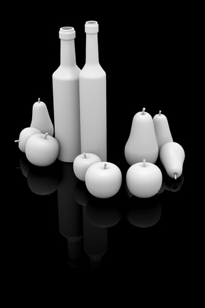 Still life composition with bottles, apples and pears, white materialの写真素材