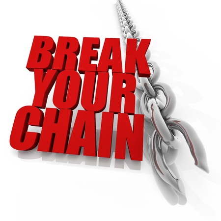 Broken chrome chain on white background, freedom concept imageの写真素材