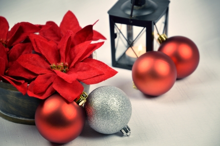 Christmas decoration with red balls and copy space, greeting card usefulの写真素材