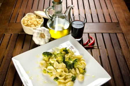 Orecchiette with broccoli with ingredients, italian pastaの写真素材