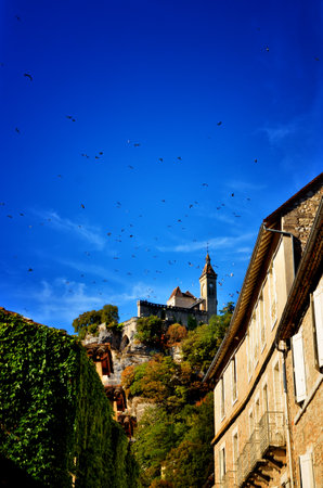 Rocamadour, one of the most beautiful village in France, detail of the castle on the cliffのeditorial素材