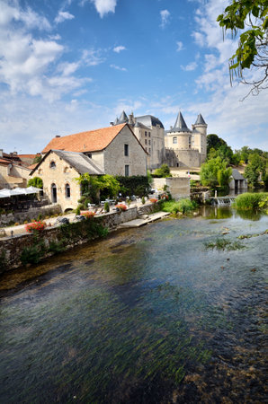 Verteuil-sur-Charente is a village situated on the banks of the river Charente, in the quiet French countryside with a beautiful castel and water millsのeditorial素材