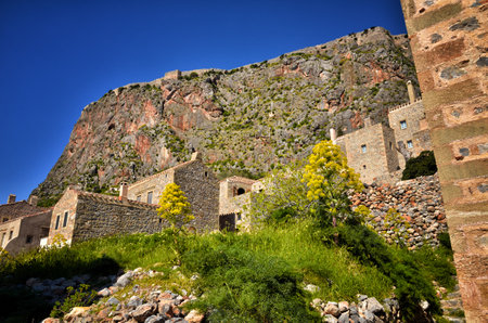 Monemvasia, the medieval castle town, is located in Laconia, Peloponnese, Greece, on a small island linked to the mainland by a short causeway. The town is a medieval fortress with Byzantine churches.のeditorial素材