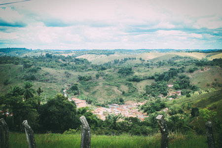 Landscape view of the village on the mountain. Vintage style.の写真素材
