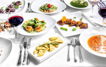 Healthy and proper nutrition, serving on a white backgroundの写真素材