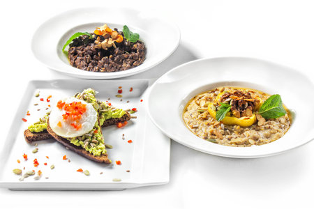 Healthy and proper nutrition, serving on a white backgroundの写真素材
