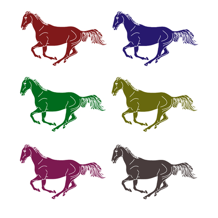 A set of graphic symbols in the form of galloping horses. Vector illustration on a white background. The contours halophilous horses, colored.のイラスト素材
