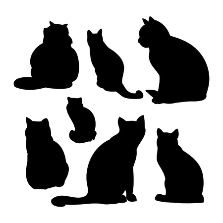 Black silhouettes of a cat on a white background. Set of vector illustrationsのイラスト素材