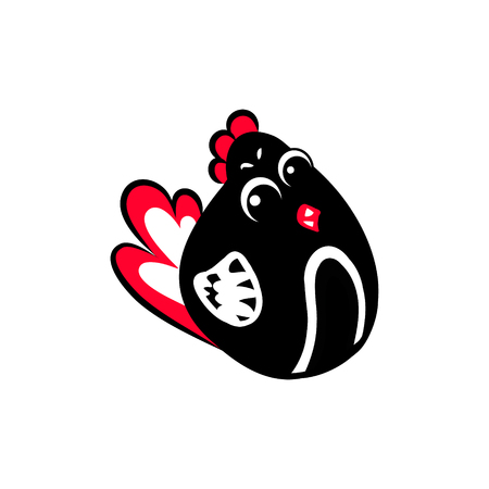 Funny black chicken with big eyes. An unusual bird with red crest and tail. Vector abstract illustration on a white backgroundのイラスト素材