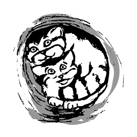 A graphic image of two kittens. Wild cats are sitting in the pipe. The freehand drawing, vector on white background. Gray tonesのイラスト素材