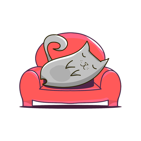 Grey cat lying on red sofa. Vector illustration on a white background. A pet resting on the chair.のイラスト素材