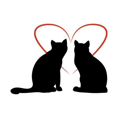 Black silhouette of a cat and the heart of red lines on white background, vector illustrationのイラスト素材