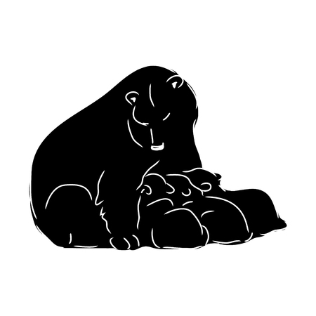 Bear feeding cubs, black bear silhouette, vector illustrationのイラスト素材