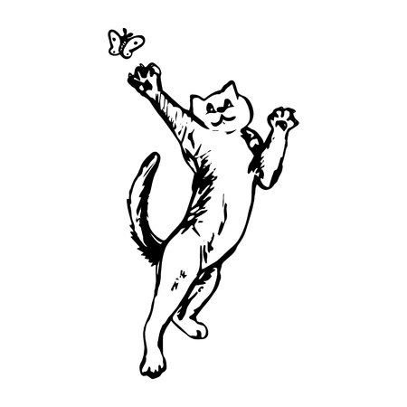 Cat catches butterfly - graphic image vector illustrationのイラスト素材