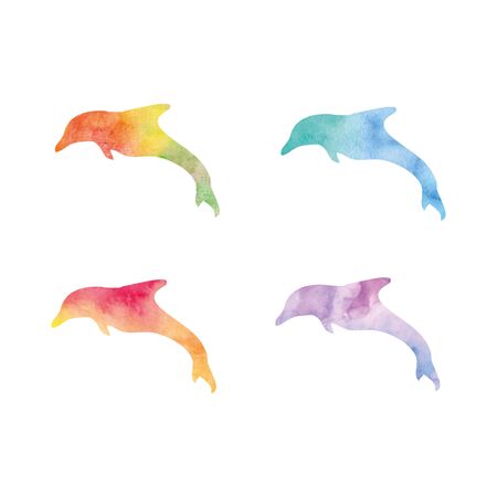 Watercolor spot on a white background in the form of a Dolphin, a set of imagesの写真素材
