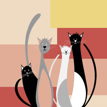 Four funny cats on abstract geometric backgroundのイラスト素材