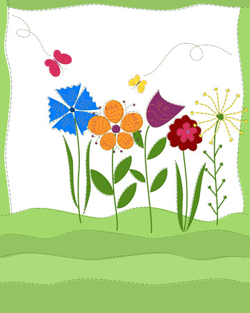 Design greeting card made of colorful flowers and butterflies. Vector illustration.のイラスト素材