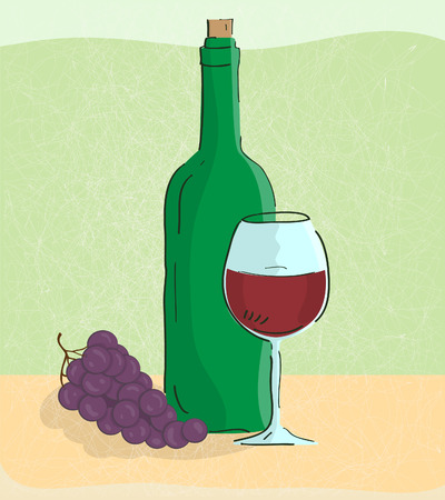 illustration of grape vine and bottle of wineのイラスト素材