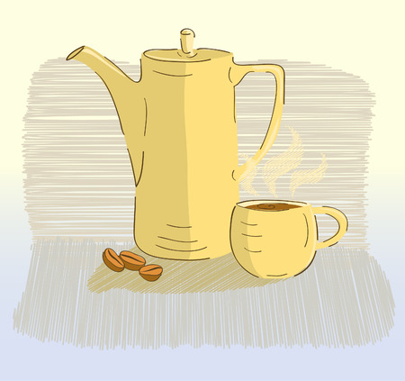 Cup of coffee and coffee pot on grange backgroundのイラスト素材