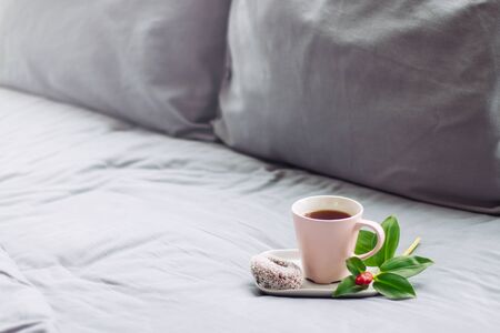 breakfast, morning, bed. coffee, donut,flower, honeymoon, day offの写真素材