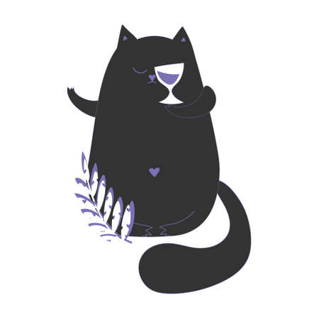 Vector illustration of mysterious fat cat with closed eyes holding glass of wine and plant branch. Colored typography poster with text and petのイラスト素材