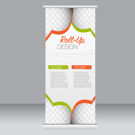 Roll up banner stand template. Abstract background for design,  business, education, advertisement. Orange and green color. Vector  illustration.のイラスト素材