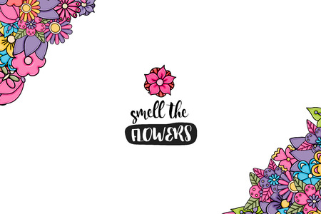 Flowers hand drawn cartoon card background. Spring or summer concept. Vector illustration doodle.のイラスト素材