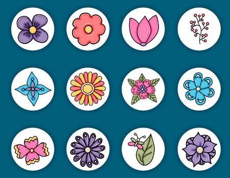 Flowers hand drawn cartoon elements set. Spring or summer concept stickers and badges. Vector illustration doodle.のイラスト素材