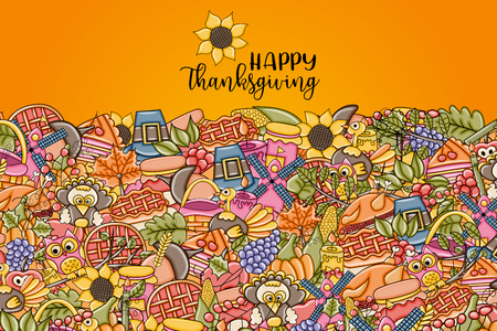 Happy Thanksgiving greeting card. Doodle background with typography. Vector illustration.のイラスト素材