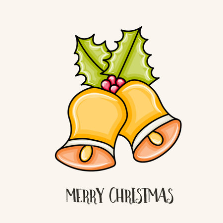 Merry Christmas typography with bells and leaves with berries Cartoon style vector illustration.のイラスト素材