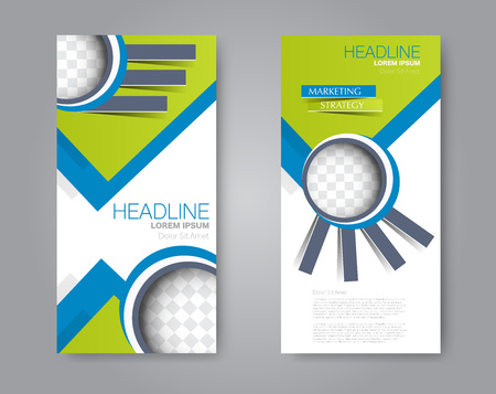 A Vector flyer and leaflet design. Set of two side brochure templates. Vertical banners. Green and blue color. Vector illustrationのイラスト素材