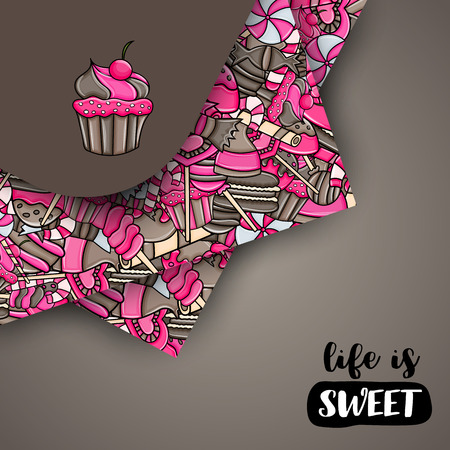 Candy and sweets cartoon doodle design. Cute background concept for advertisement, banner, flyer, brochure or greeting card. Hand drawn vector illustration. Pink and brown color.のイラスト素材