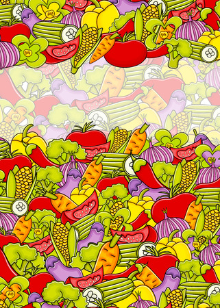 Vegetables cartoon doodle design. Cute background concept for greeting card,  advertisement, banner, flyer, brochure. Hand drawn vector illustration. のイラスト素材