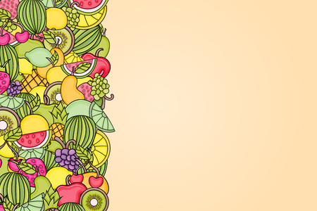 Fruits cartoon doodle design. Cute background concept for greeting card,  advertisement, banner, flyer, brochure. Hand drawn vector illustration. のイラスト素材