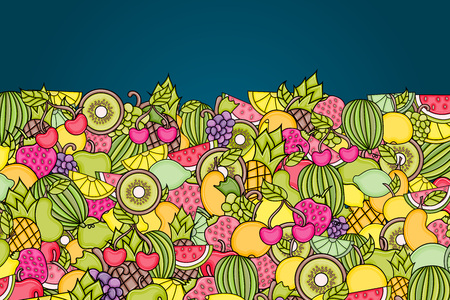 Fruits cartoon doodle design. Cute background concept for greeting card,  advertisement, banner, flyer, brochure. Hand drawn vector illustration. のイラスト素材