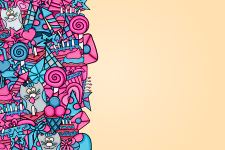 Birthday cartoon doodle design. Cute background concept for anniversary greeting card,  advertisement, banner, flyer, brochure. Hand drawn vector illustration. Blue and pink color.のイラスト素材