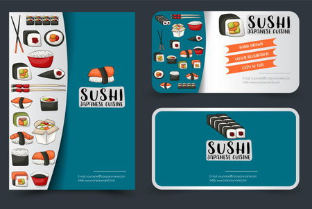 Sushi bar or restaurant flyer and business cards set. Vector illustration.のイラスト素材