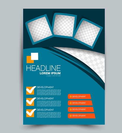 Flyer template. Design for a business, education, advertisement brochure, poster or pamphlet. Vector illustration. Blue and orange color.のイラスト素材