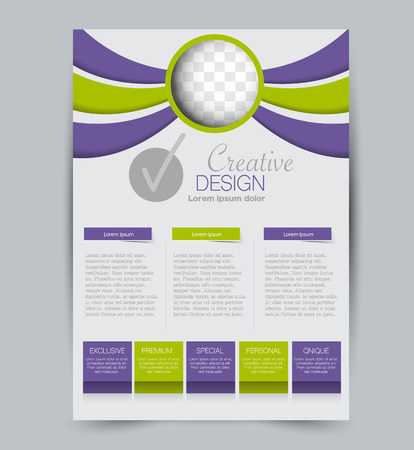 Flyer template. Design for a business, education, advertisement brochure, poster or pamphlet. Vector illustration. Purple and green color.のイラスト素材