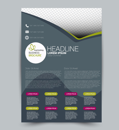 Flyer template. Design for a business, education, advertisement brochure, poster or pamphlet. Vector illustration. Grey, green, and magenta color.のイラスト素材