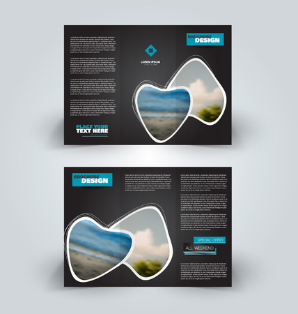 Brochure design. Creative tri-fold template. Abstract geometric background leaflet layout. Black and blue color vector illustration.のイラスト素材