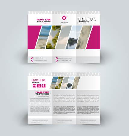 Brochure design. Creative tri-fold template. Abstract geometric background leaflet layout. Pink color vector illustration.のイラスト素材